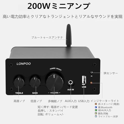 新品】200W パワーアンプ bluetooth/光入力/同軸入力/USB入力/AUX入力