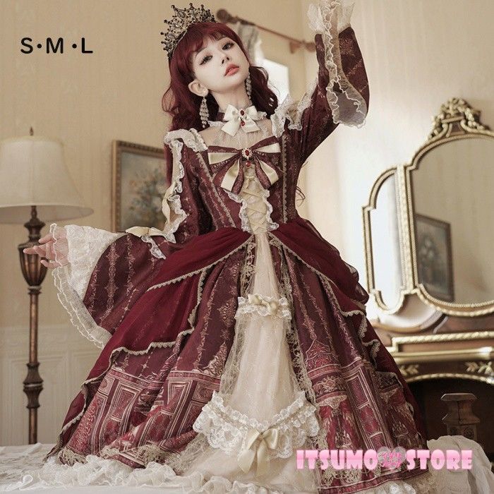 ロリータ 可愛い 萌え萌え リボン ワンピース Lolita ロング丈 レディース コスチューム お嬢様 パーティー 仮装 演出 ステージ 学園祭 文化祭 イベント レッド S M L ロリータ 可愛い 萌え萌え リボン ワンピース Lolita ロング丈