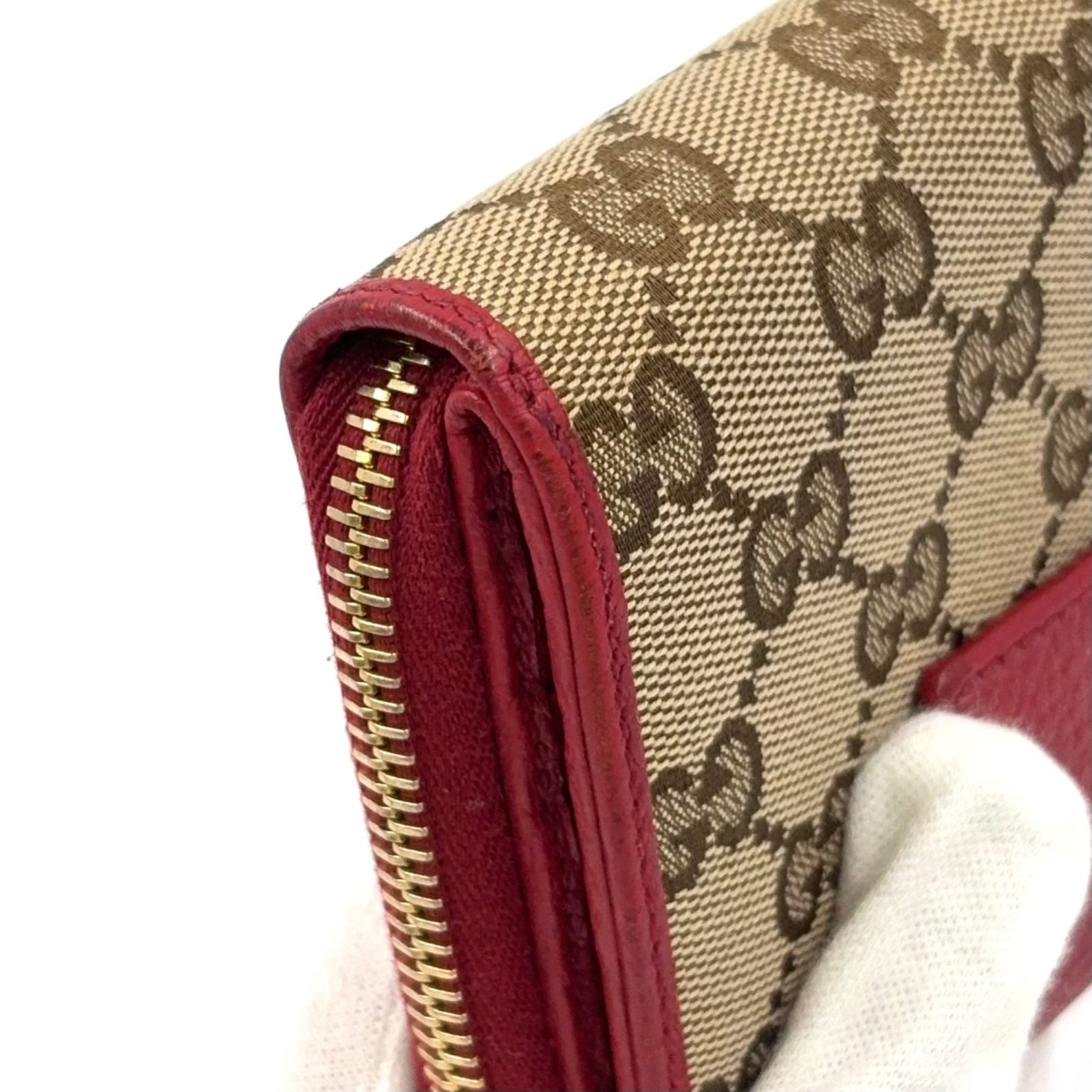 GUCCI GG柄 コンパクトジップ 二つ折り レザー×キャンバス ベージュ