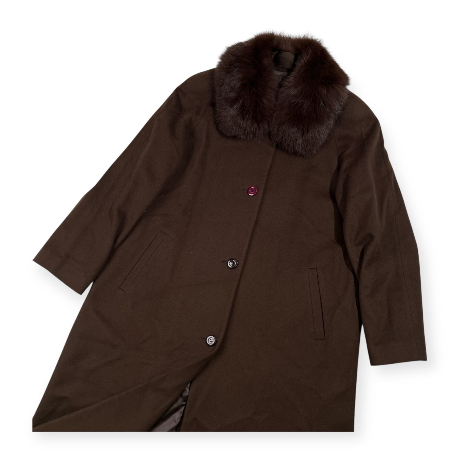 カシミヤ100% Cashmere 襟ファー付き ロング コート F フリーサイズ