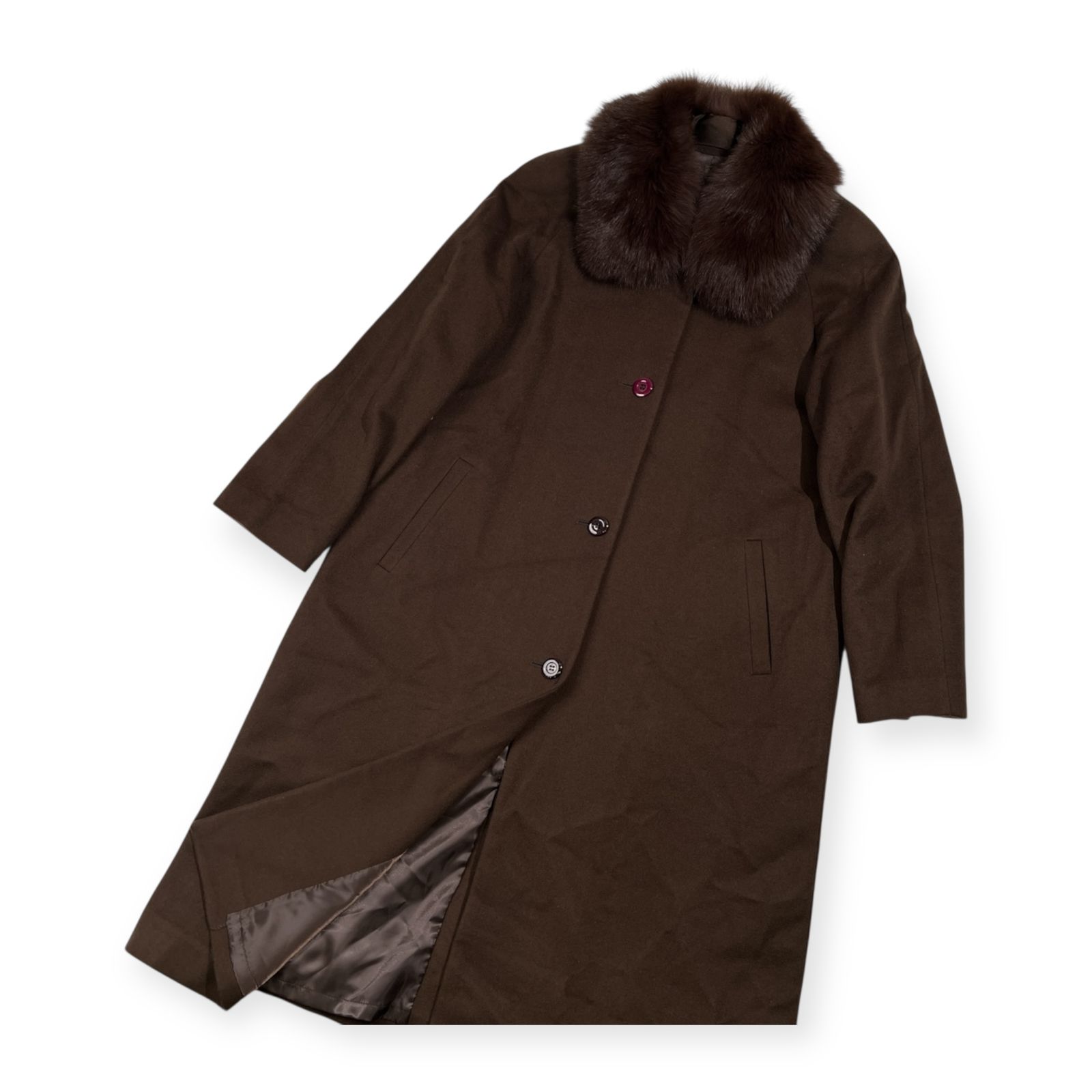 カシミヤ100% Cashmere 襟ファー付き ロング コート F フリーサイズ