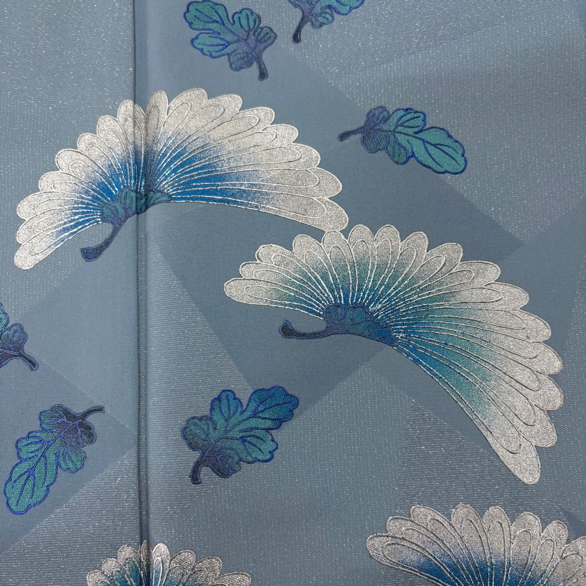 付下げ 身丈169.5cm 裄丈64cm M 袷 藤林徳扇 落款 菊 幾何学模様 銀