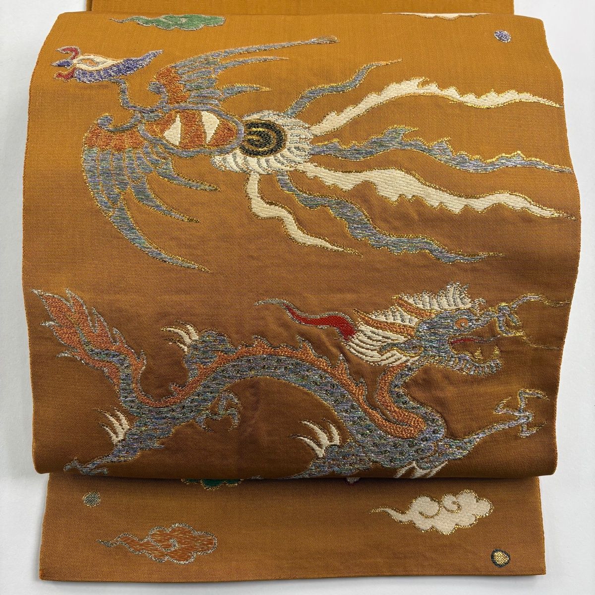 袋帯 逸品 龍村平蔵 落款 交跡龍鳳凰 金糸 箔 山吹色 お太鼓柄 正絹