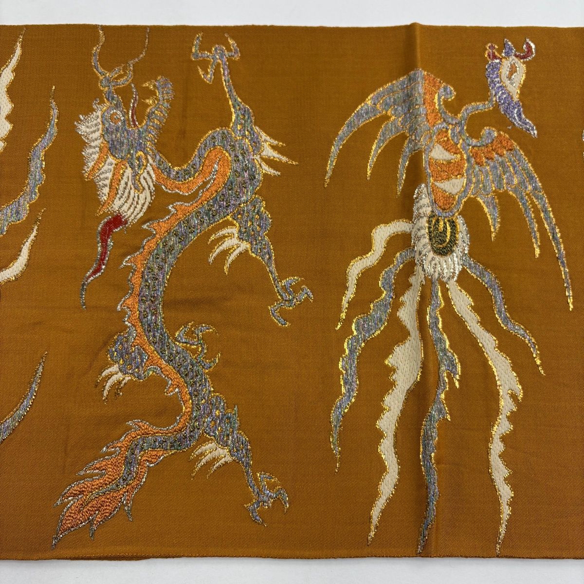 袋帯 逸品 龍村平蔵 落款 交跡龍鳳凰 金糸 箔 山吹色 お太鼓柄 正絹