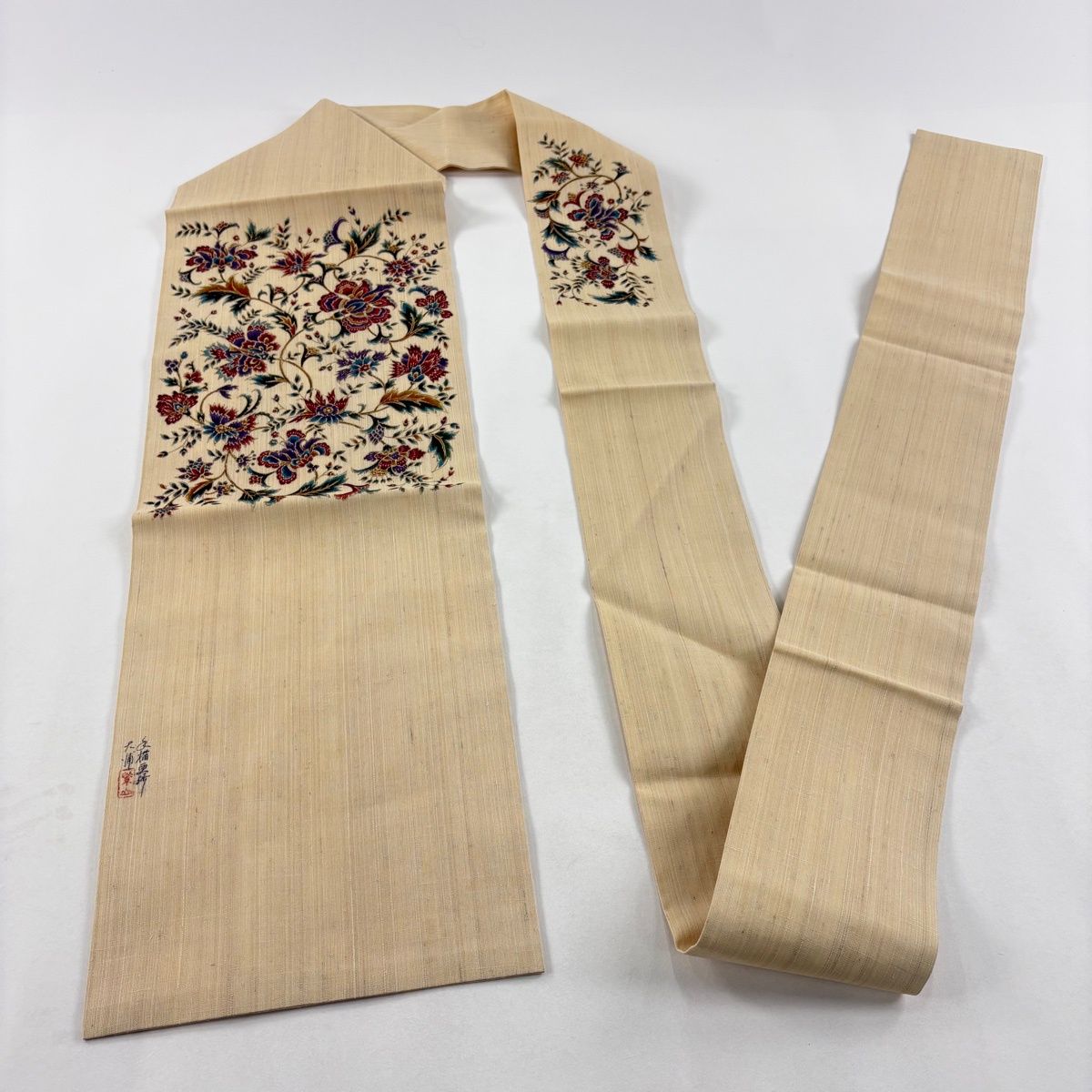 名古屋帯 逸品 落款 大浦紫山 紬地 更紗 金彩 ベージュ 正絹 【中古 