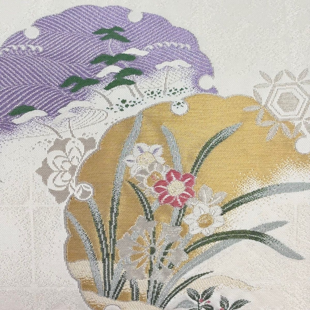 美品】 名古屋帯 優品 雪輪 草花 金銀糸 箔 クリーム 正絹 【中古