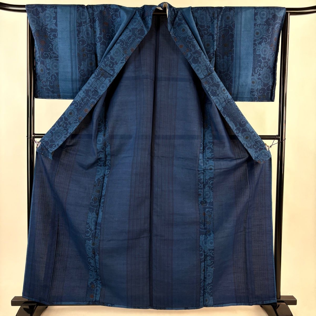 小紋 身丈162cm 裄丈67cm M 薄物 菊唐草 縦縞 藍色 正絹 優品 【中古