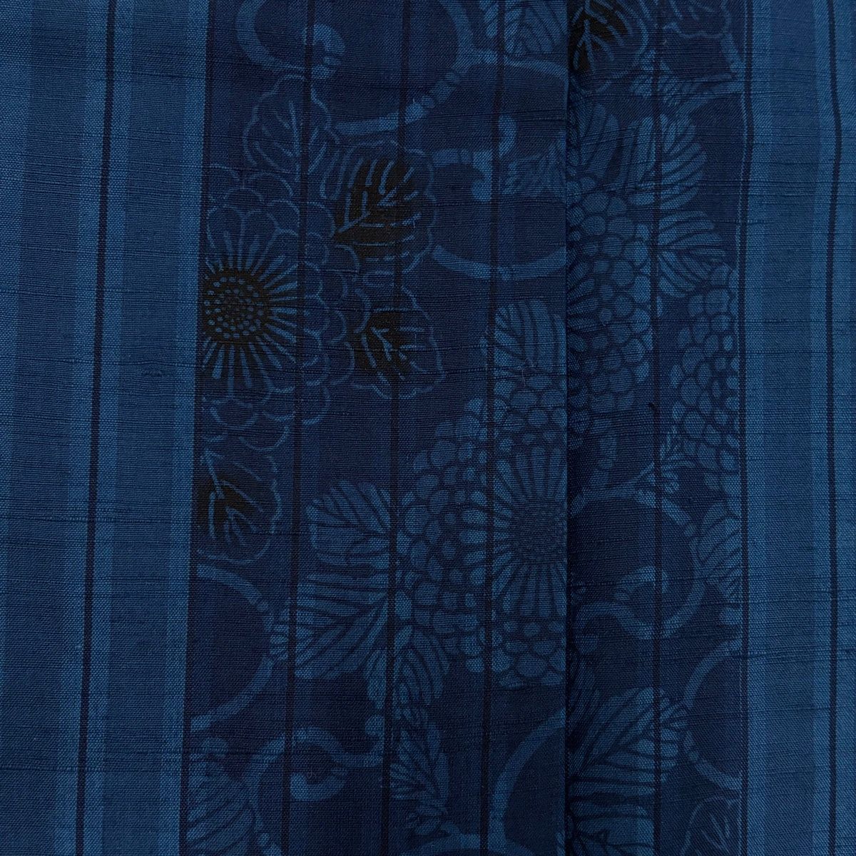 小紋 身丈162cm 裄丈67cm M 薄物 菊唐草 縦縞 藍色 正絹 優品 【中古