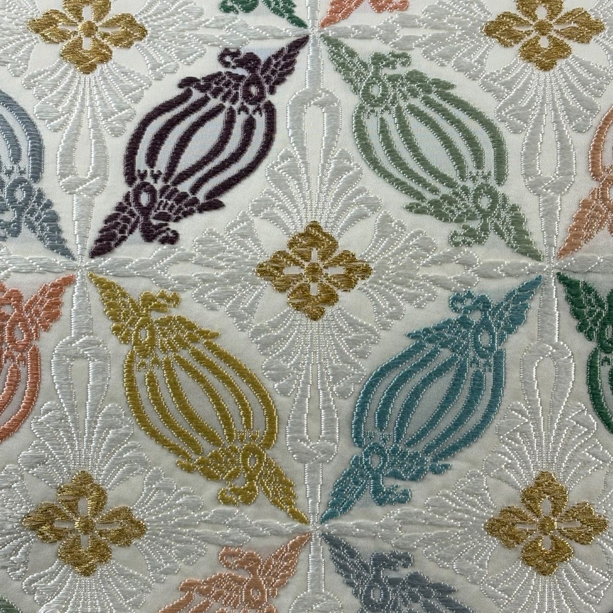 袋帯 山口美術織物 落款 証紙 鳥 花菱 唐織 金糸 クリーム 六通 正絹