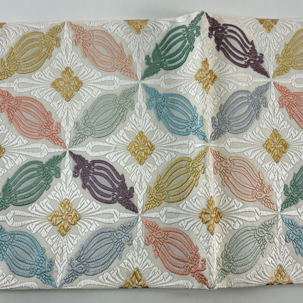 美品】 袋帯 逸品 山口美術織物 落款 証紙 鳥 花菱 唐織 金糸 クリーム