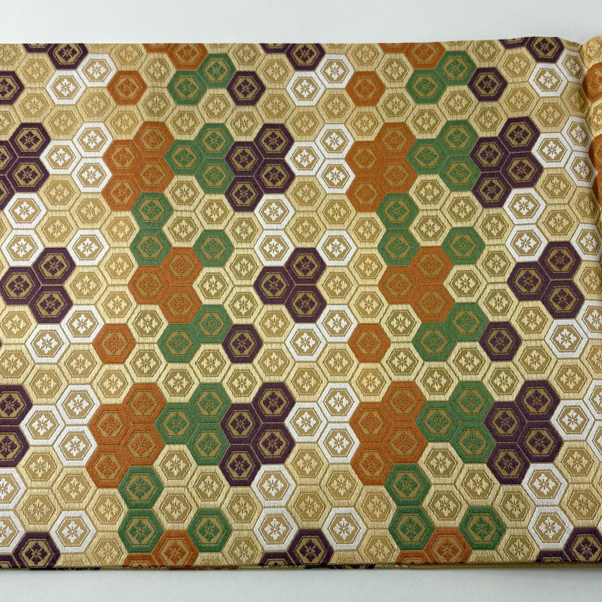 美品】 開き名古屋帯 逸品 人間国宝 喜多川平朗 亀甲 花菱 唐織 黄土色