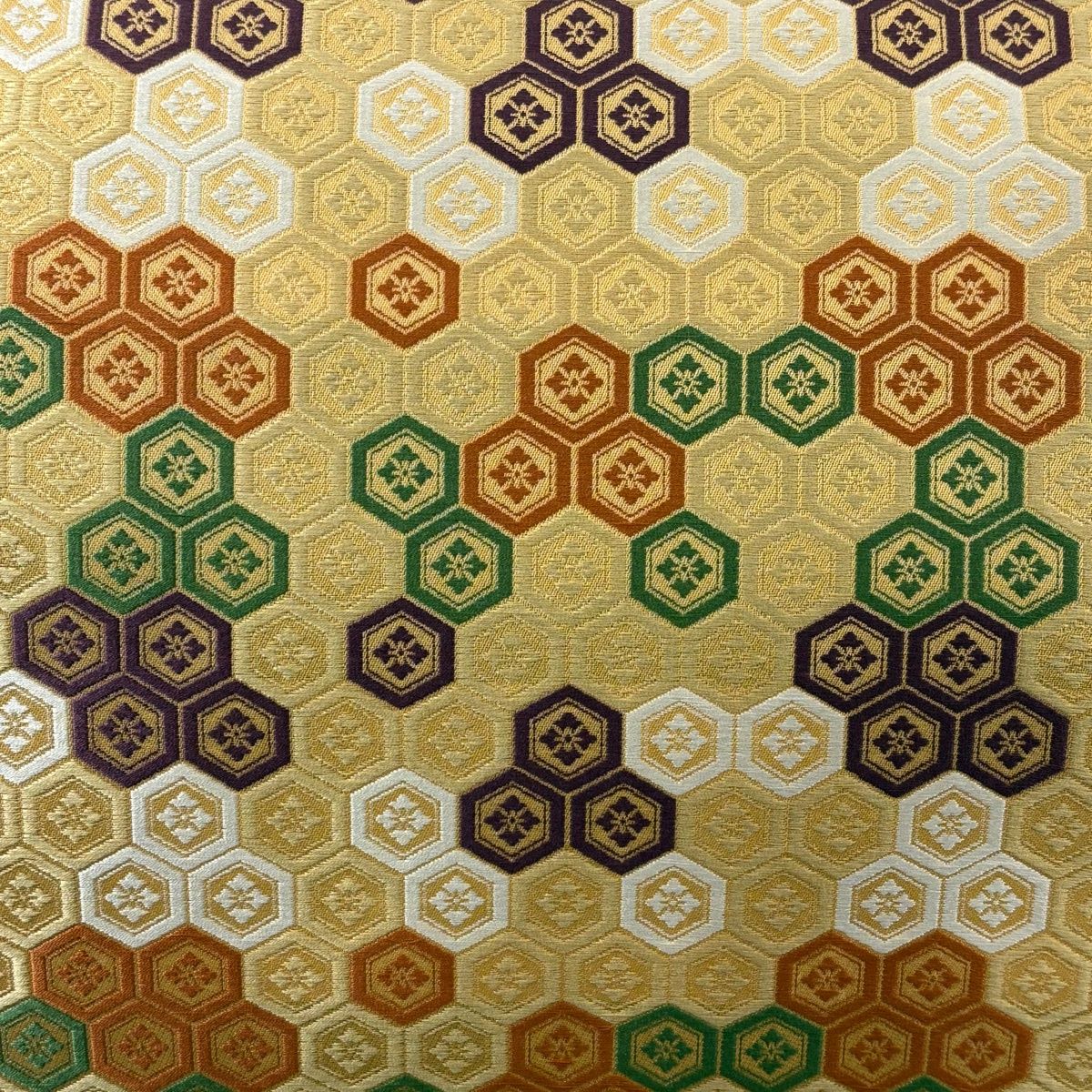 美品】 開き名古屋帯 逸品 人間国宝 喜多川平朗 亀甲 花菱 唐織 黄土色