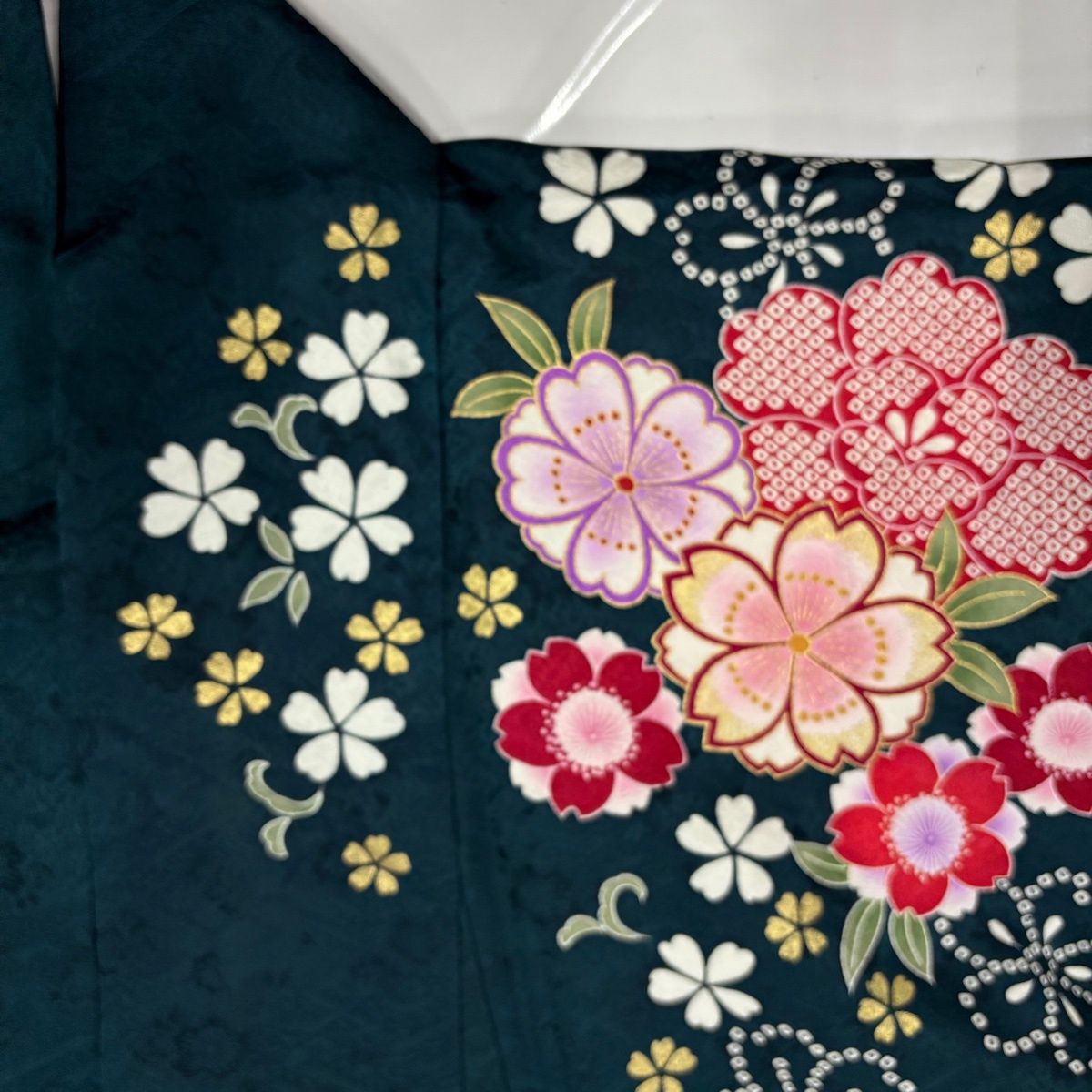 美品】 振袖 身丈156cm 裄丈66cm M 袷 桜 牡丹 金糸 金彩 深緑 正絹 秀