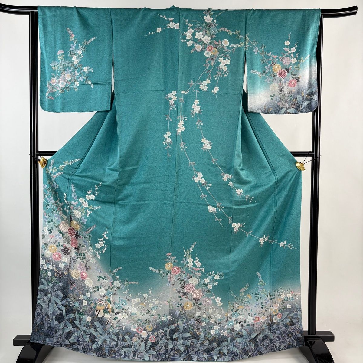 訪問着 身丈167cm 裄丈66.5cm M 袷 菊 枝梅 金彩 ぼかし 青緑 正絹 秀