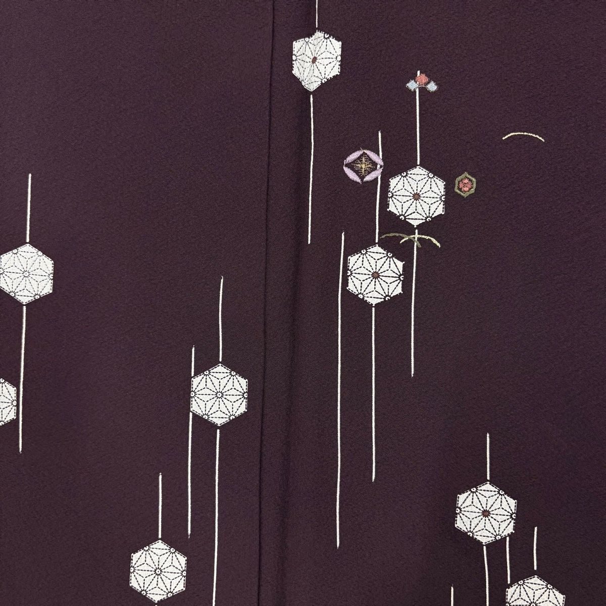 付下げ 身丈158cm 裄丈65cm M 袷 麻の葉 七宝 刺繍 金糸 茶紫 正絹 秀