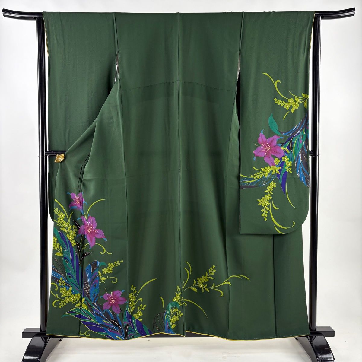美品】 振袖 身丈159cm 裄丈64cm M 袷 百合 草花 金彩 深緑 正絹 秀品