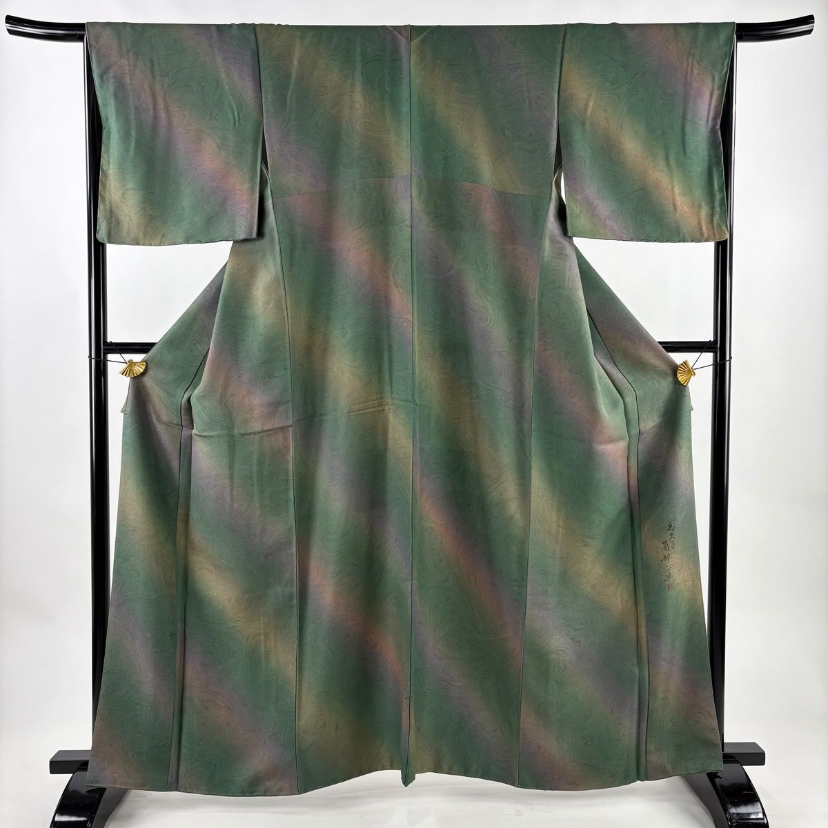 美品】 小紋 身丈161cm 裄丈66.5cm M 袷 薗部正典 落款 墨流し ぼかし