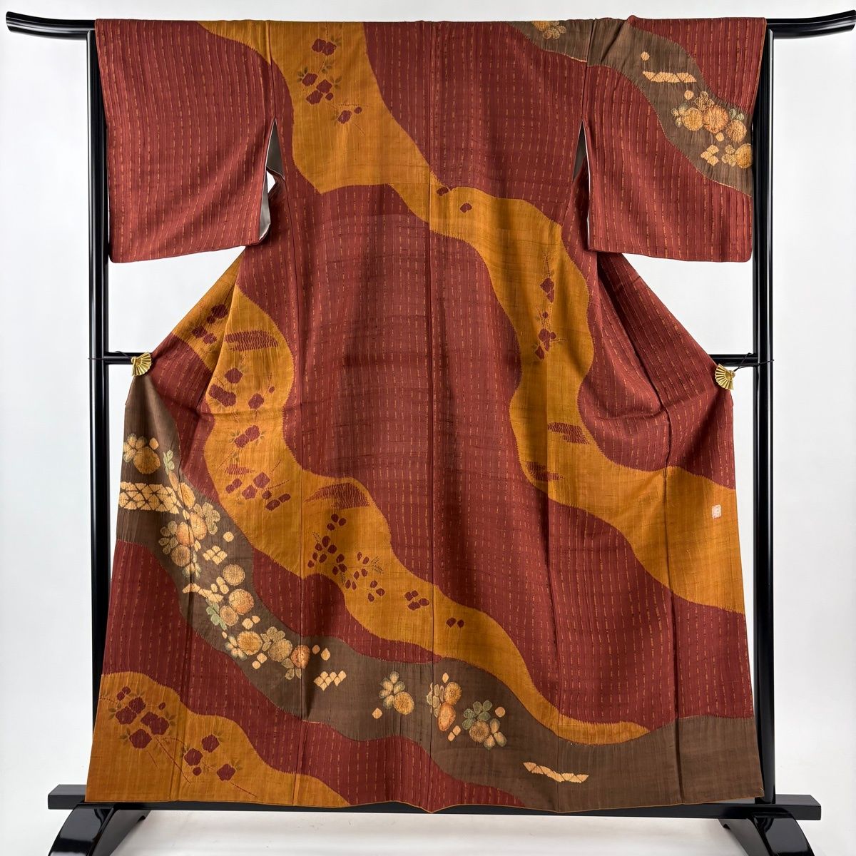 訪問着 身丈159.5cm 裄丈65.5cm M 袷 滝泰 紬地 落款 辻が花 縦縞 絞り