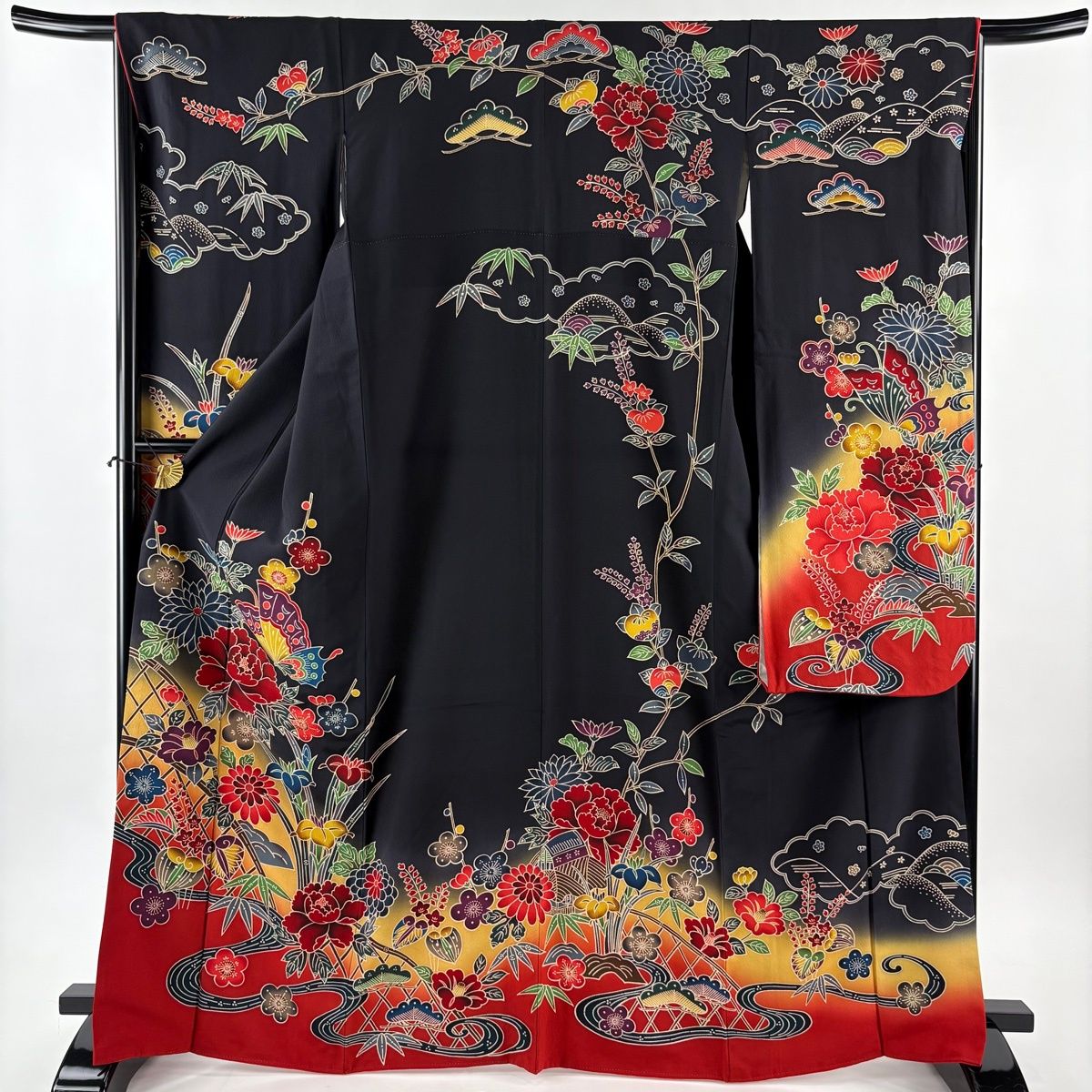 美品】 振袖 身丈166.5cm 裄丈66cm M 袷 草花 蝶 染め分け ぼかし 墨色