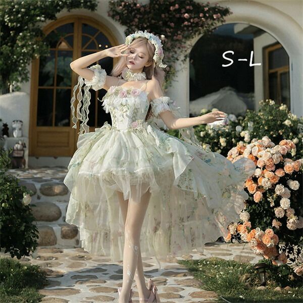 妖精風 グリーンプリンセスドレス コスプレ衣装 Lolita ロリータドレス 豪華フリル フラワー装飾 オフショルダー アシンメトリースカート S〜2XL 妖精風 プリンセスドレス グリーン ロリータ コスプレ衣装 花飾り 豪華