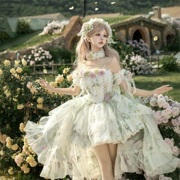 妖精風 プリンセスドレス グリーン ロリータ コスプレ衣装 花飾り 豪華