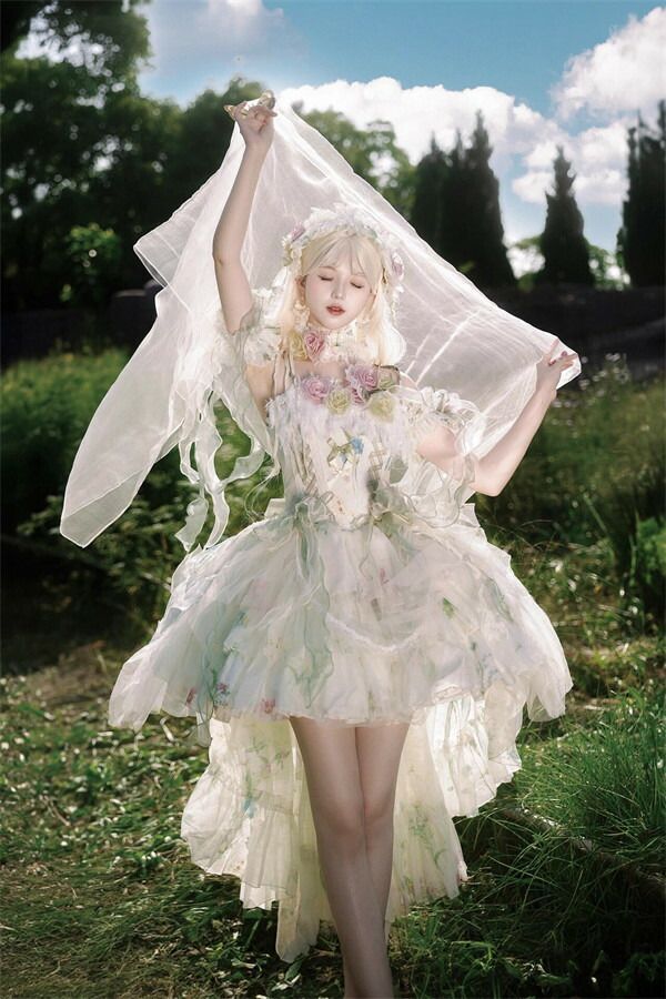 妖精風 プリンセスドレス グリーン ロリータ コスプレ衣装 花飾り 豪華