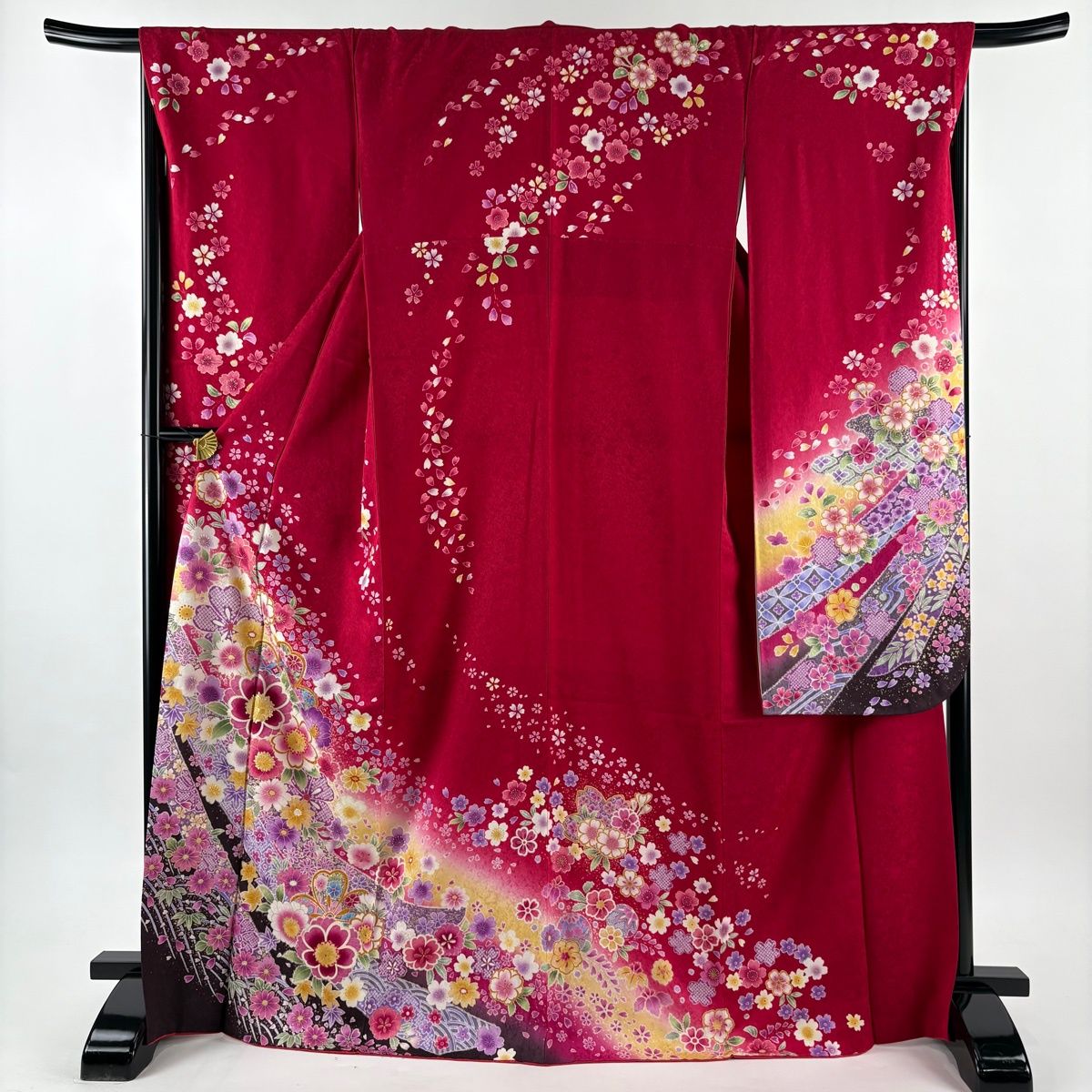 振袖 身丈168cm 最高 裄丈68cm L 袷 桜 蝶 金銀彩 縮緬 赤茶 正絹 名品