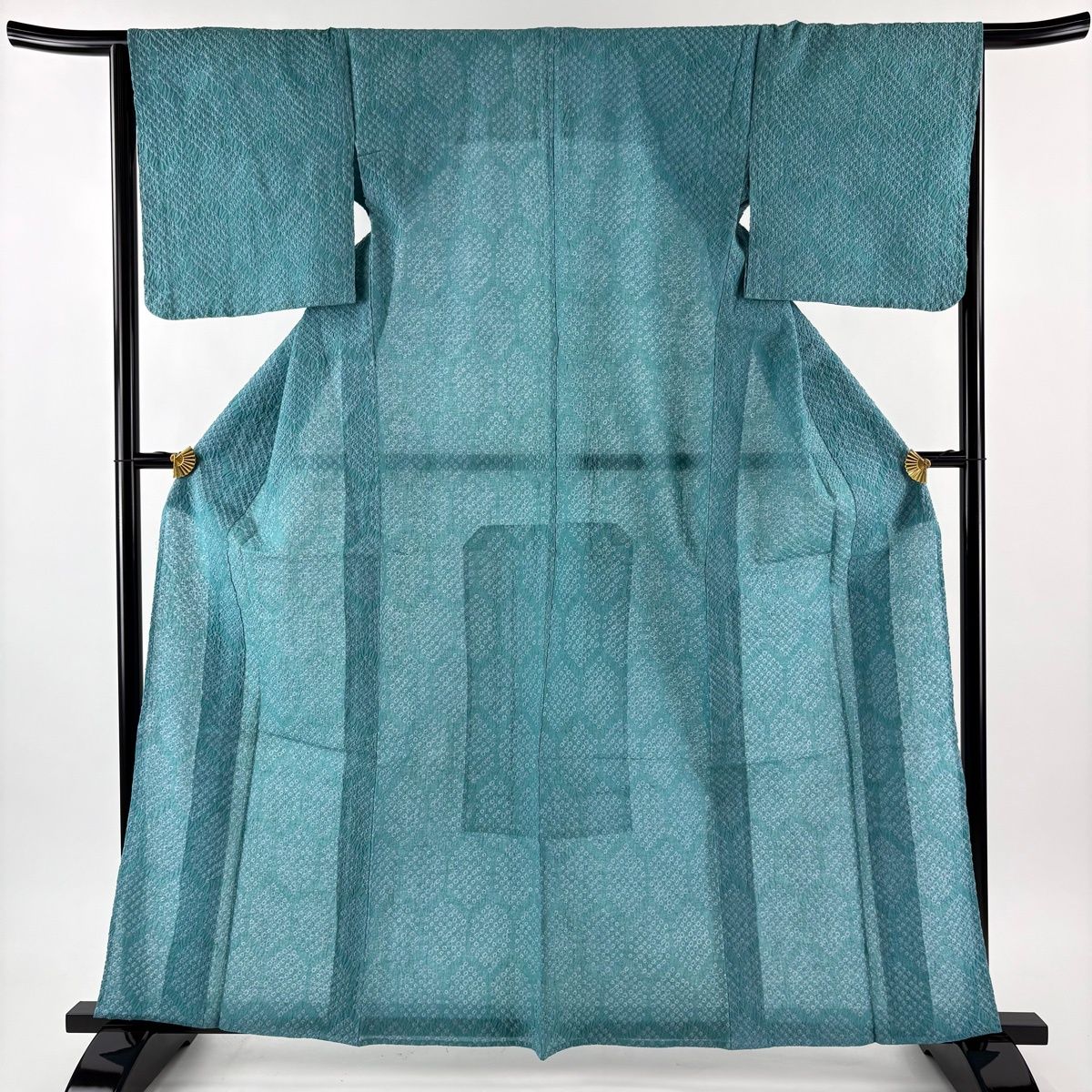 浴衣 身丈160cm 裄丈65.5cm M 亀甲 絞り浴衣 青緑 綿 名品 【中古