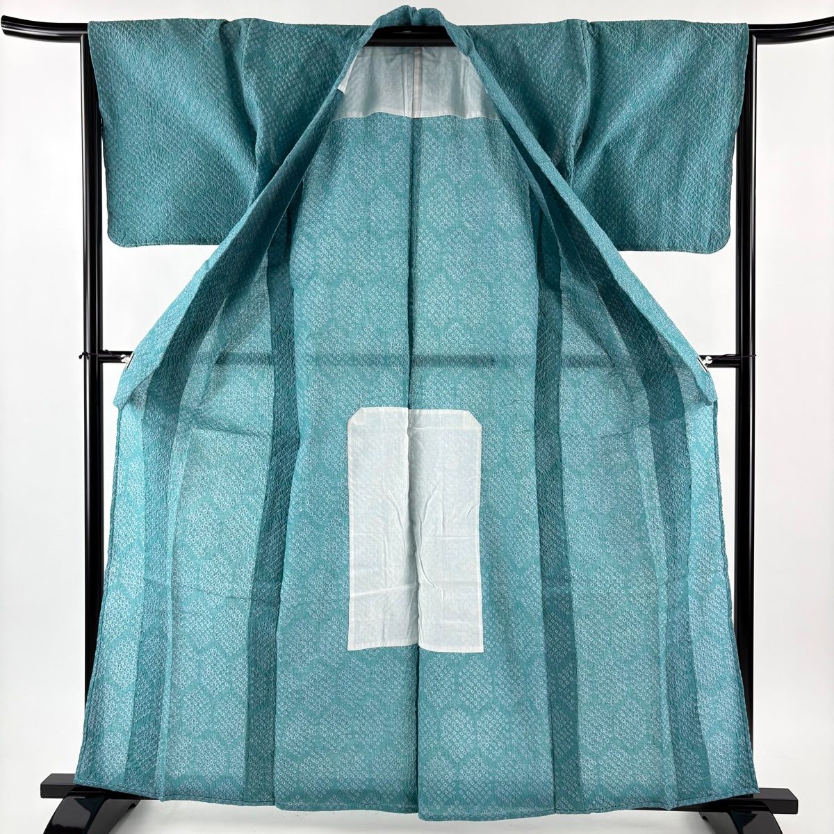 浴衣 身丈160cm 裄丈65.5cm M 亀甲 絞り浴衣 青緑 綿 名品 【中古