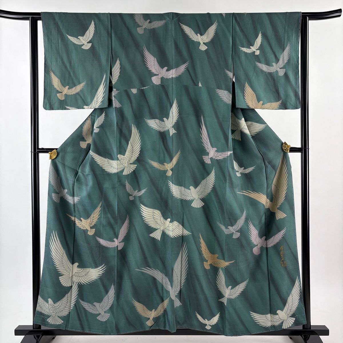 美品】 付下げ 身丈157cm 裄丈63cm S 袷 斉藤三才 落款 鳥 ぼかし 灰緑
