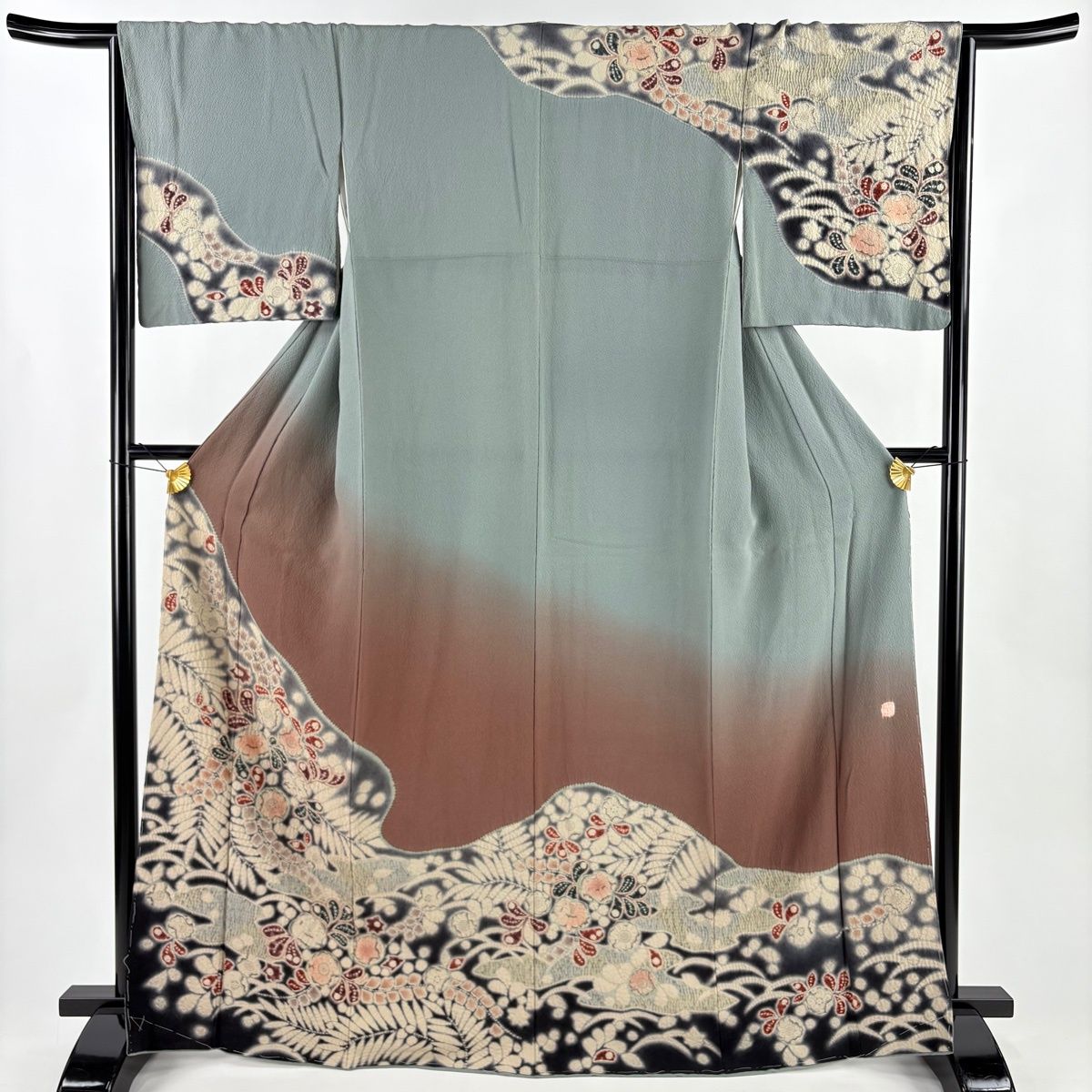 訪問着 身丈165cm 裄丈66cm M 袷 滝泰 落款 辻が花 霞 染め分け 灰緑