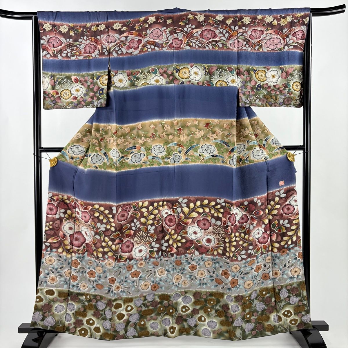 訪問着 身丈159.5cm 裄丈64cm M 袷 落款 辻が花柄 段縞 絞り ぼかし 青