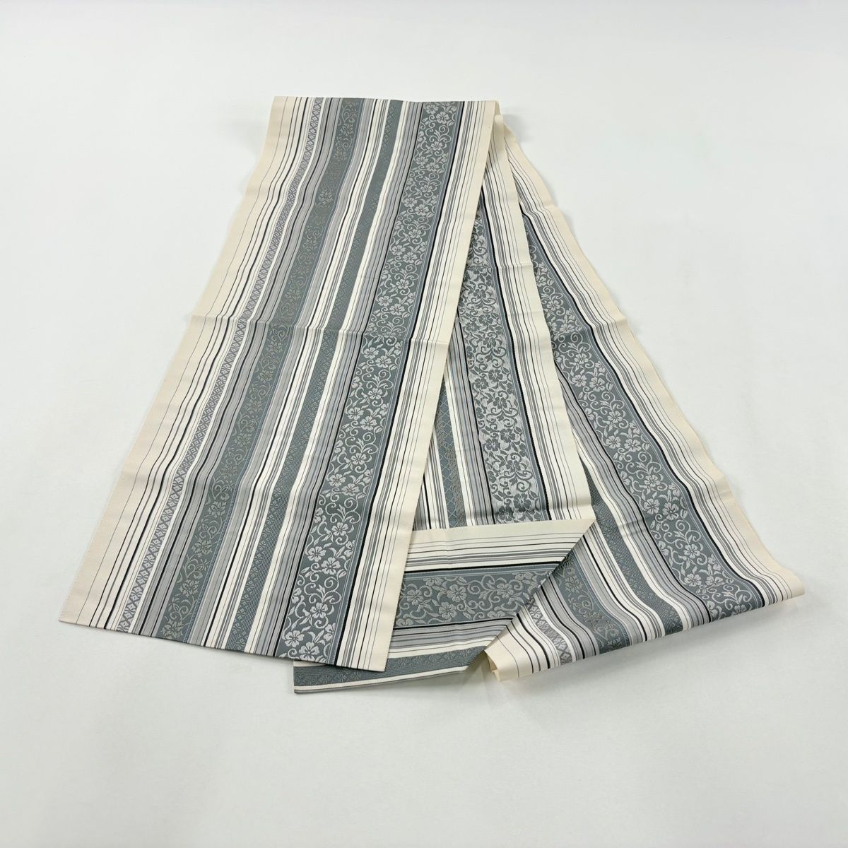 名古屋帯 秀品 八寸名古屋帯 松葉仕立て 花唐草 縞 クリーム 正絹