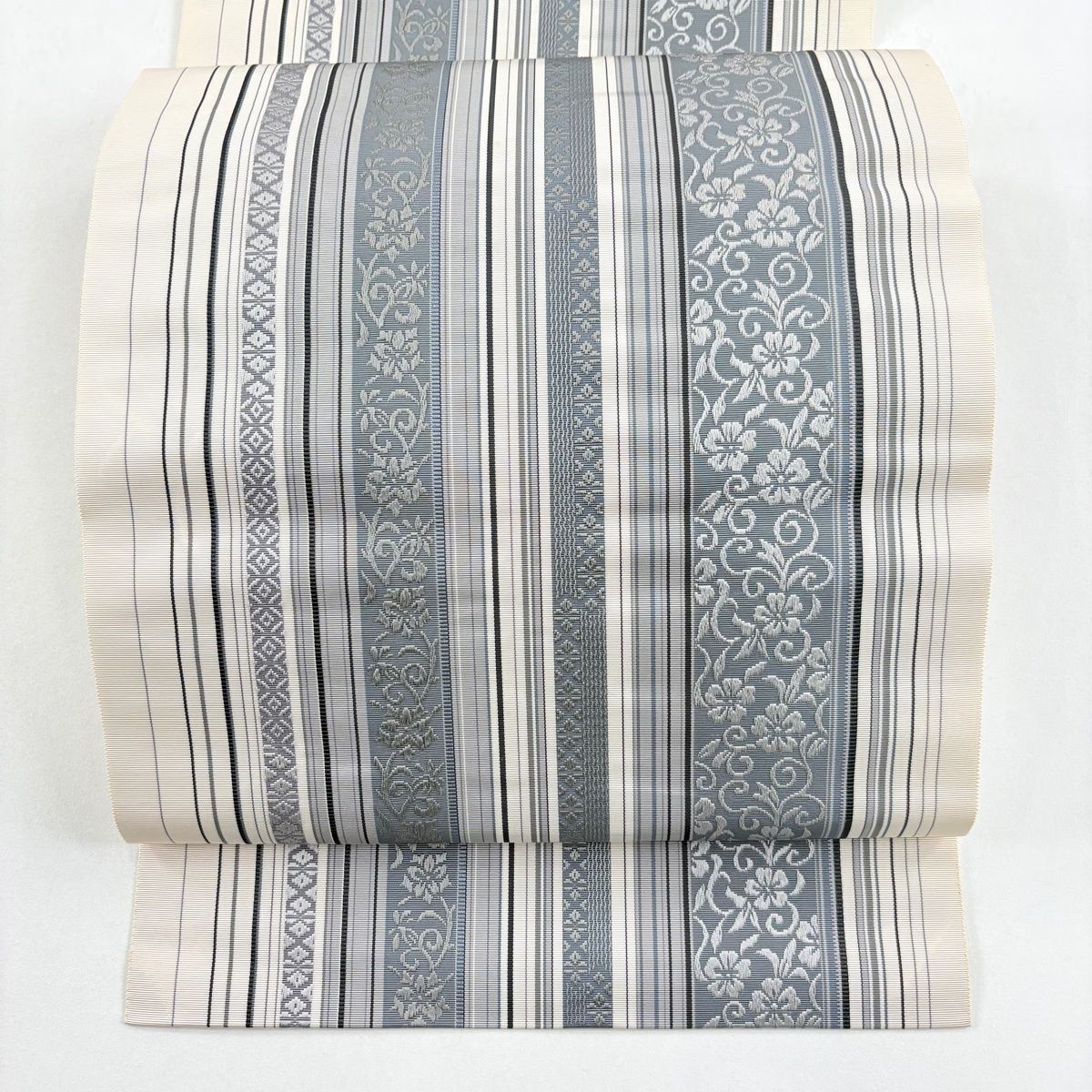 名古屋帯 美品 名品 八寸名古屋帯 松葉仕立て 市松 縞 正絹 名古屋帯 秀品 八寸名古屋帯 松葉仕立て 花唐草 縞 クリーム 正絹