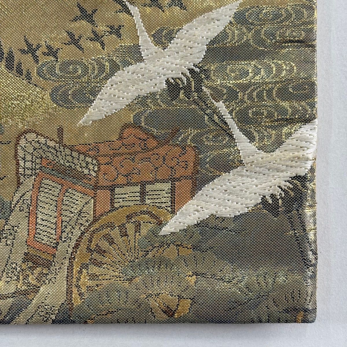 袋帯 秀品 群鶴洛中洛外図 建物 箔 金色 お太鼓柄 正絹 【中古