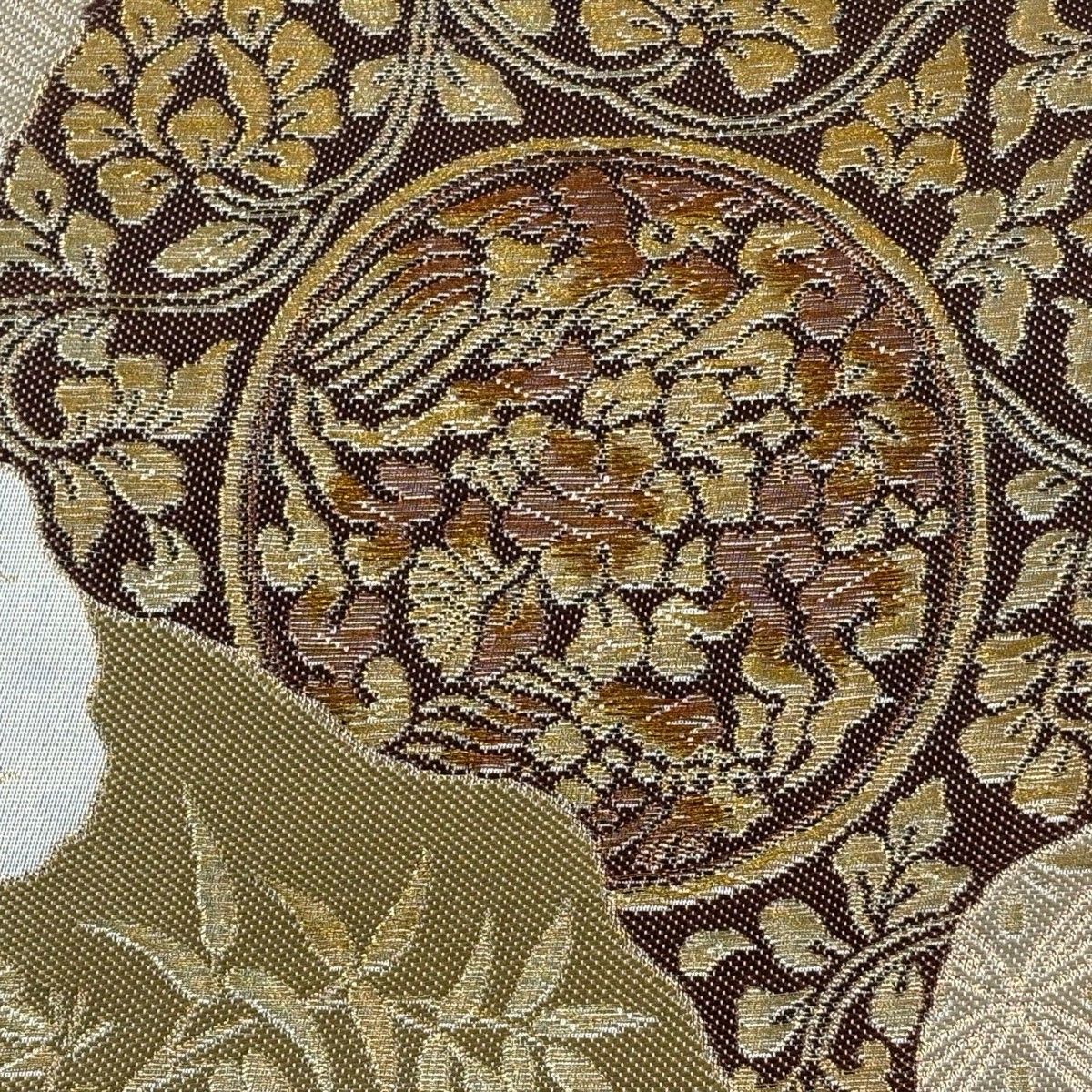 袋帯 秀品 花鳥 道長取り 金糸 箔 銀色 六通 正絹 【中古 袋帯 秀品 花鳥 道長取り 金糸 箔 銀色 六通 正絹 【中古