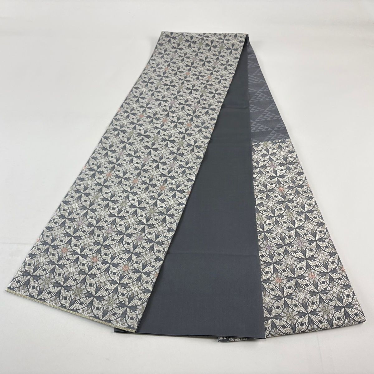 美品】 袋帯 秀品 七宝花菱 鳥 箔 金糸 青灰色 六通 正絹 【中古