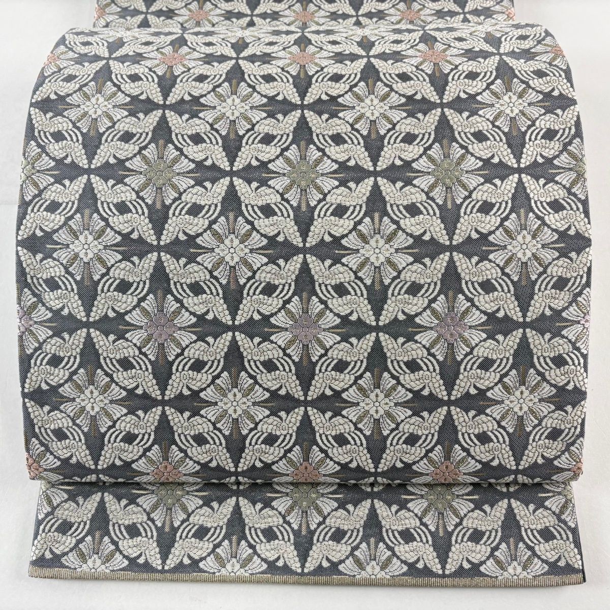 美品】 袋帯 秀品 七宝花菱 鳥 箔 金糸 青灰色 六通 正絹 【中古