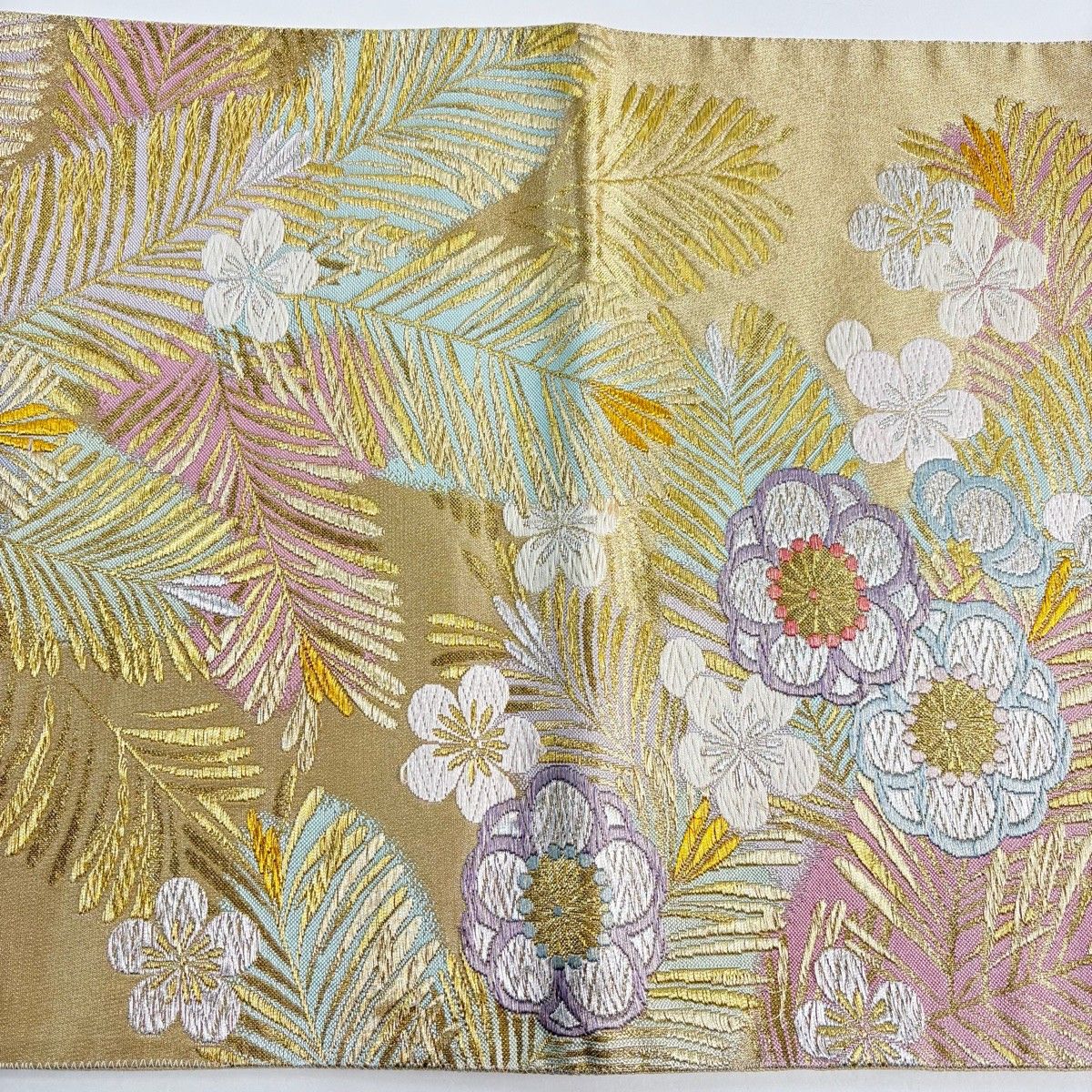 美品】 袋帯 秀品 若松 花 金銀糸 唐織 金色 六通 正絹 【中古