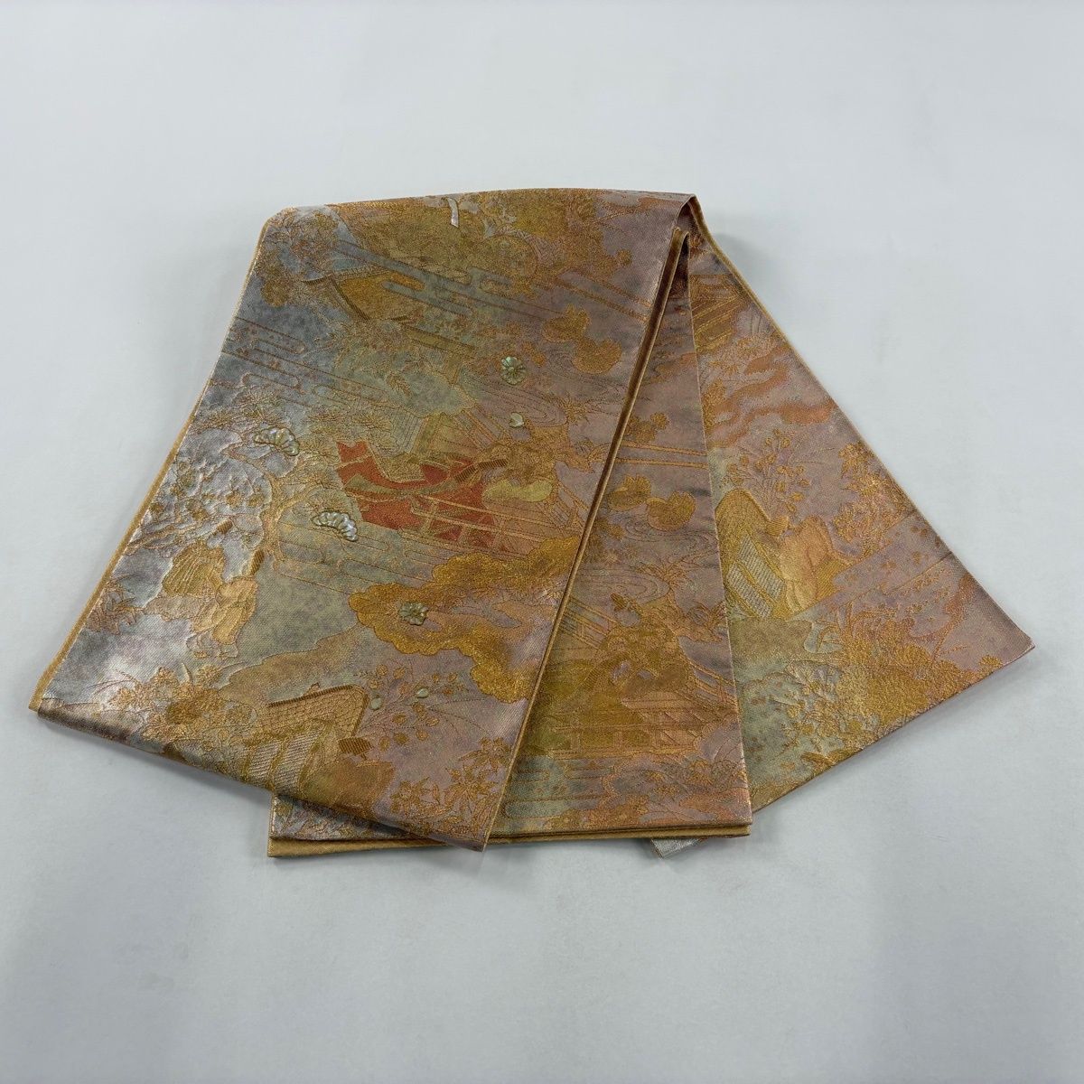 美品】 袋帯 秀品 人物 草花 螺鈿 金糸 薄オレンジ お太鼓柄 正絹