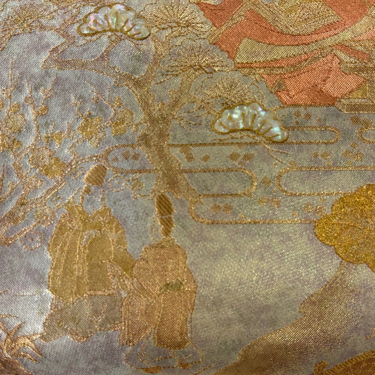 美品】 袋帯 秀品 人物 草花 螺鈿 金糸 薄オレンジ お太鼓柄 正絹