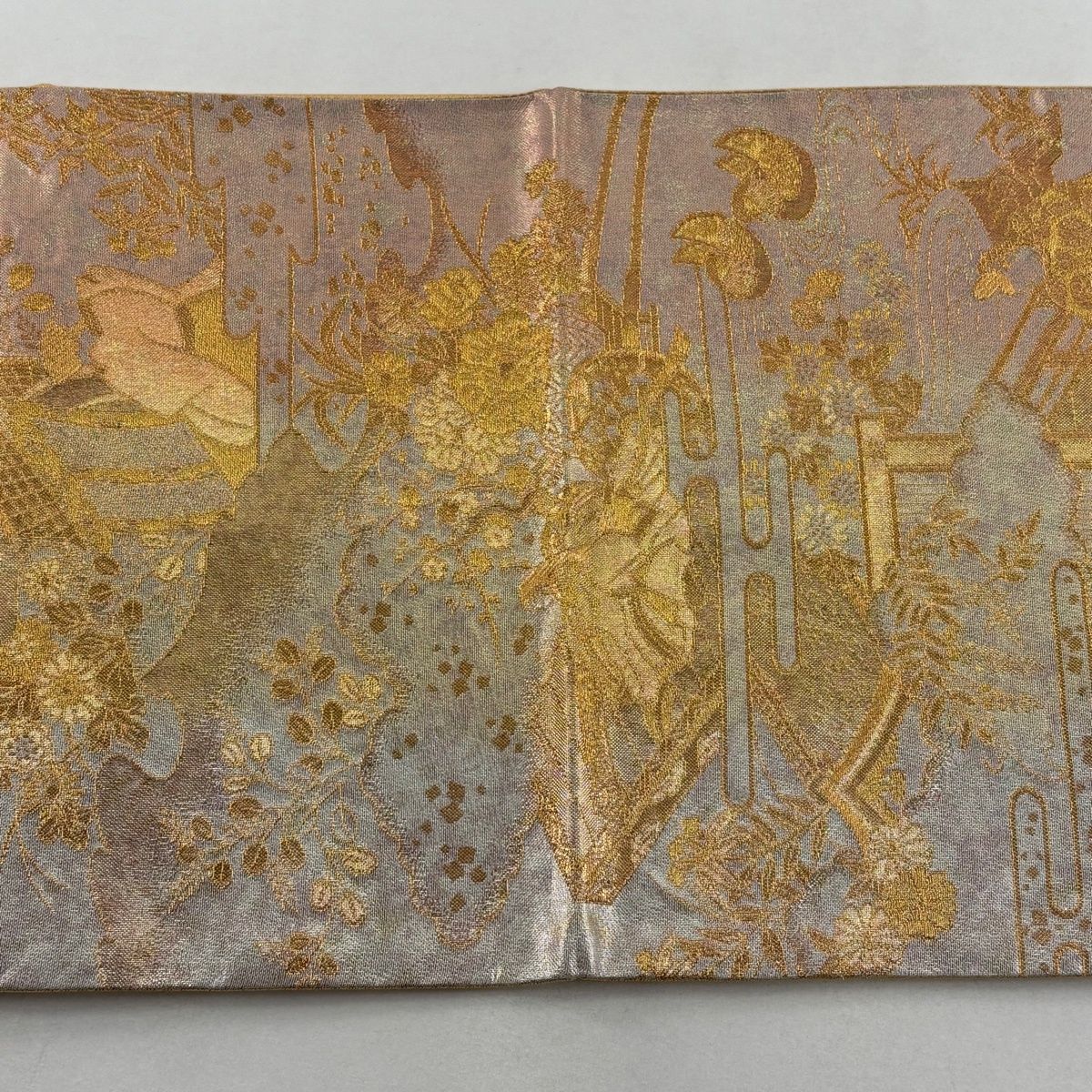 美品】 袋帯 秀品 人物 草花 螺鈿 金糸 薄オレンジ お太鼓柄 正絹