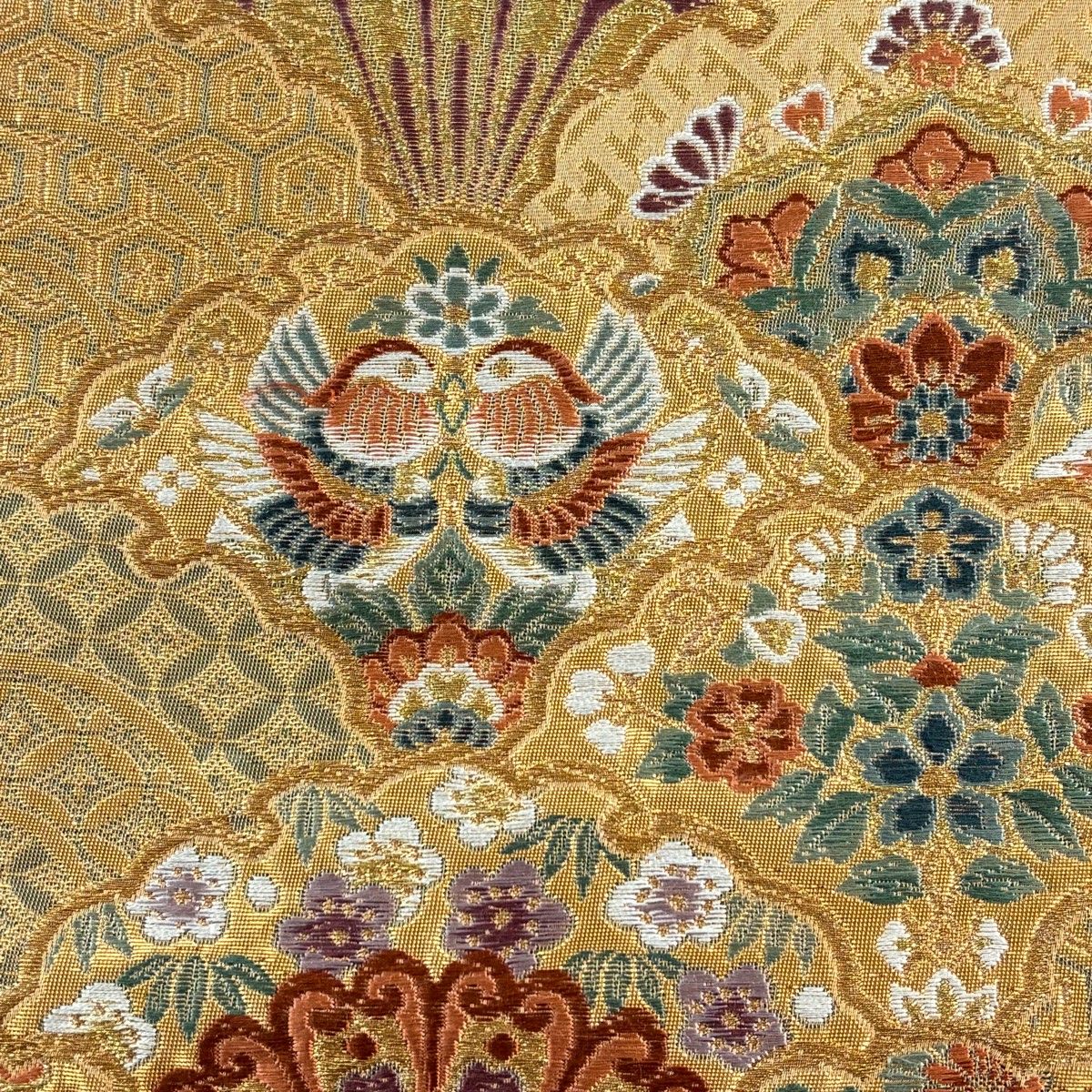 袋帯 美品 秀品 本袋帯 花唐草 鳥 金糸 唐織 青灰色 六通 正絹 【中古