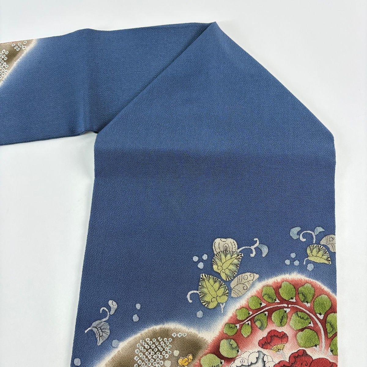 名古屋帯 秀品 落款 辻が花柄 草花 縮緬 えんじ色 正絹 【中古
