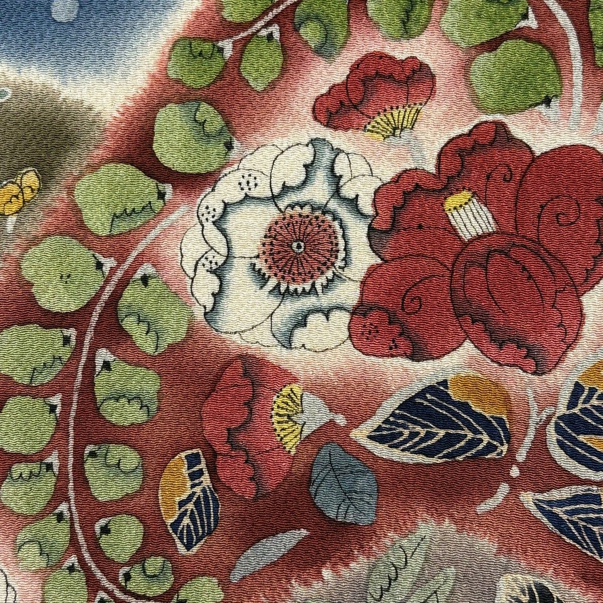 名古屋帯 秀品 落款 辻が花柄 草花 縮緬 えんじ色 正絹 【中古