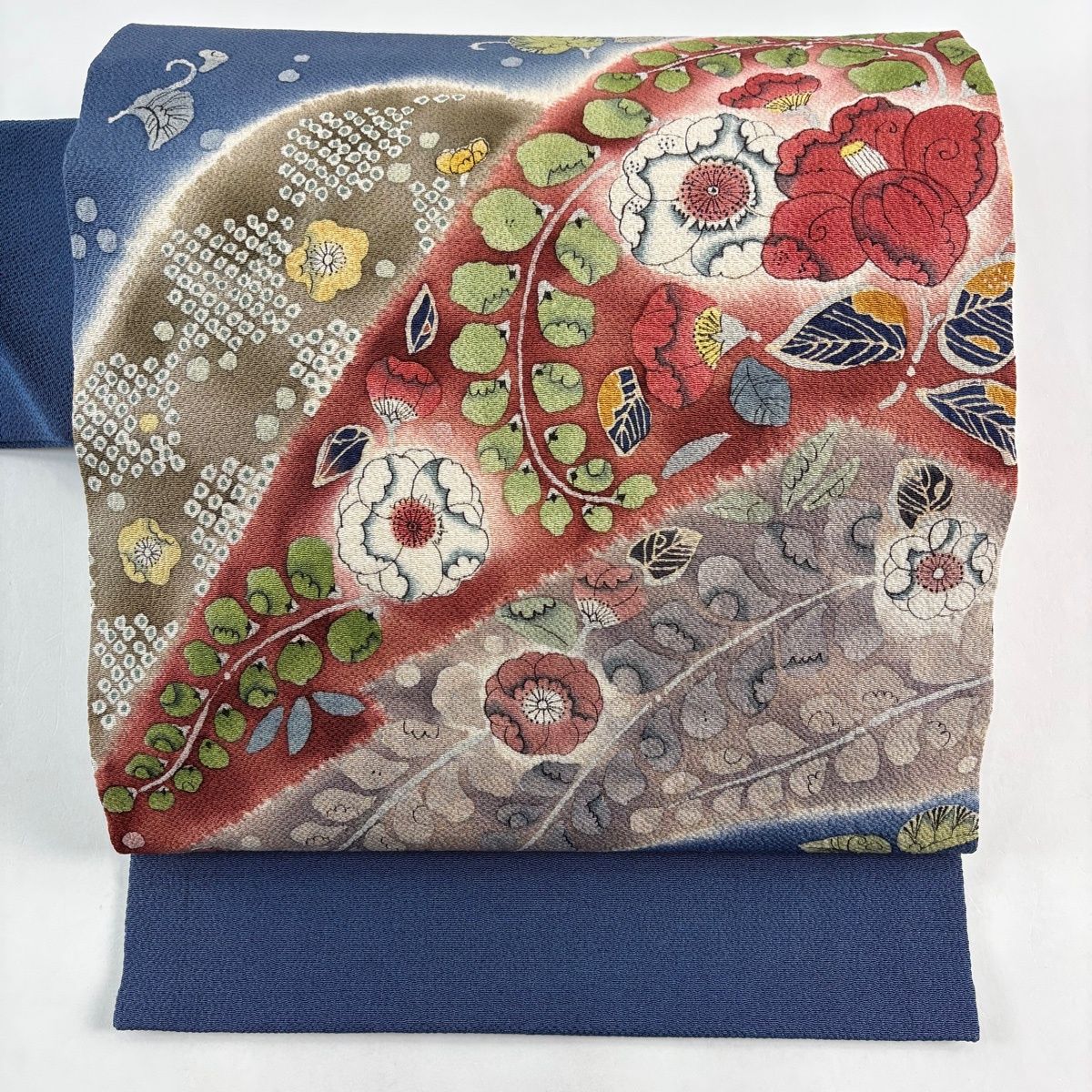名古屋帯 秀品 落款 辻が花柄 草花 縮緬 えんじ色 正絹 【中古