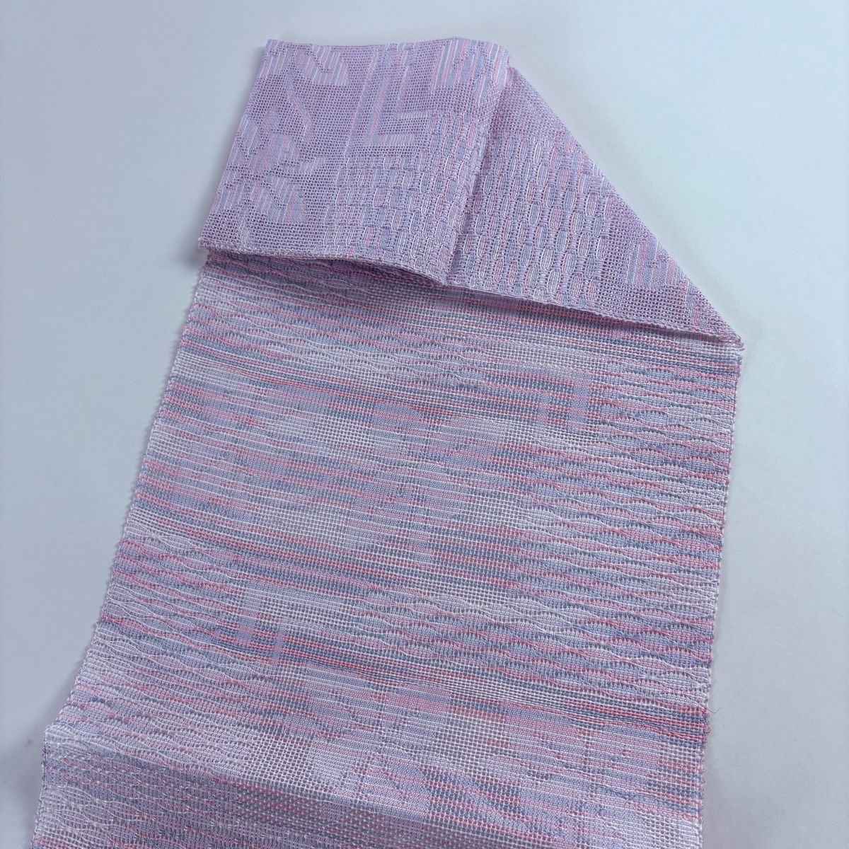 5-283 夏帯 夏物 名古屋帯 八寸 美品 正絹 着物 松葉仕立て紗 名古屋帯 秀品 夏帯 紗 八寸名古屋帯 松葉仕立て 草花 幾何学 薄紫