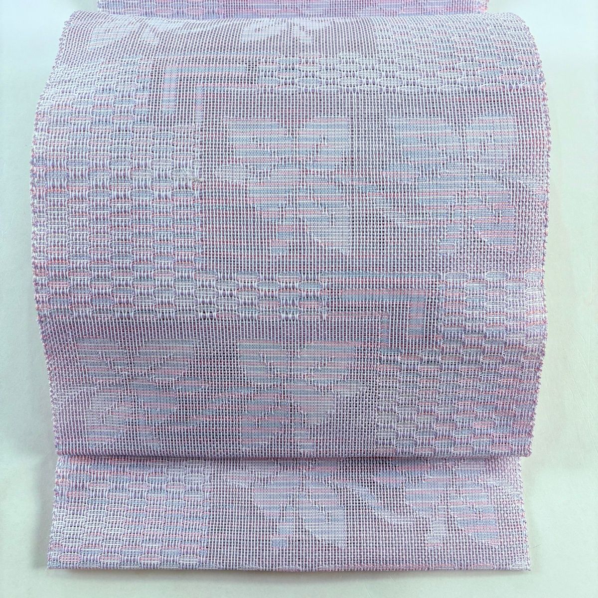 5-283 夏帯 夏物 名古屋帯 八寸 美品 正絹 着物 松葉仕立て紗 名古屋帯 秀品 夏帯 紗 八寸名古屋帯 松葉仕立て 草花 幾何学 薄紫