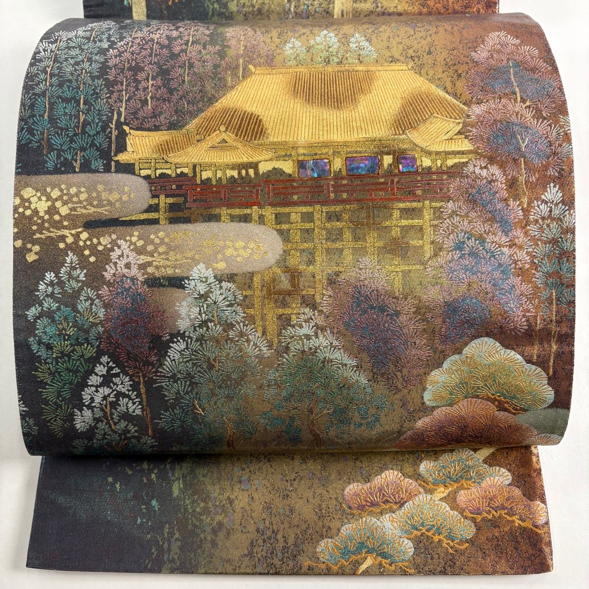 新品未使用 モダンな市松 巧みな流線 引箔高級六通柄袋帯 螺鈿金糸 グレイ濃淡 新品未使用 モダンな市松 巧みな流線 引箔高級六通柄袋帯