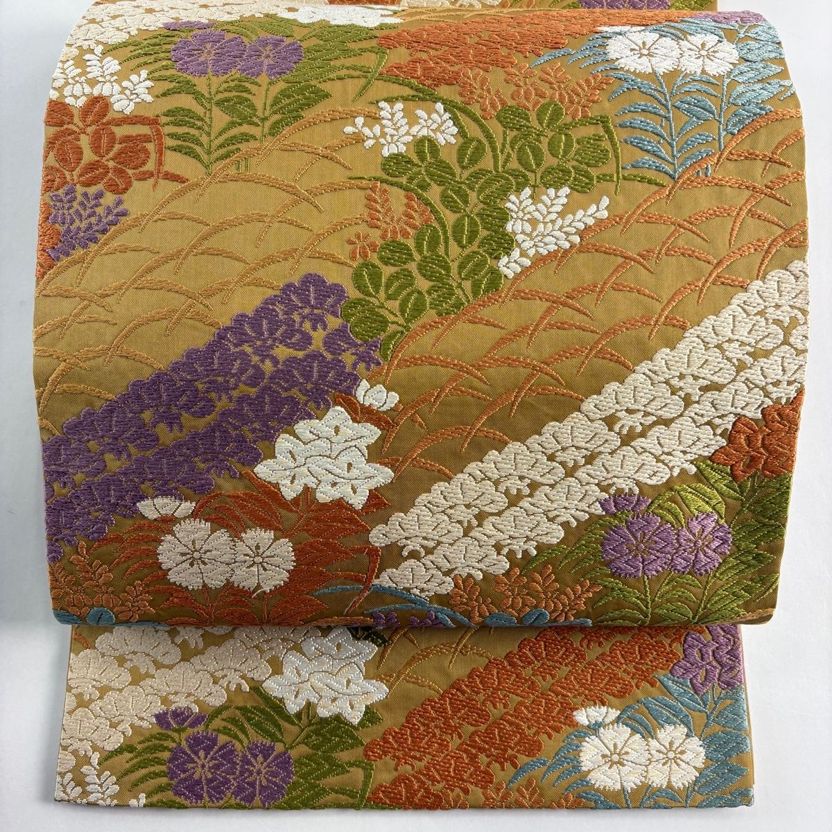 袋帯 秀品 秋草 山吹色 六通 正絹 【】 【公式通販】